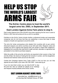 "Help us stop the world's largest arms fair" flyer