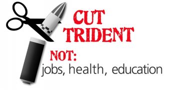 Badge reading: Cut Trident not: jobs, health, education