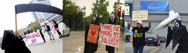 Grim reapers outside arms fairs in Brno, London and Seoul