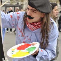 Artists smocks and silly moustaches seem to go down really well with the public! Activist artists outside the gallery