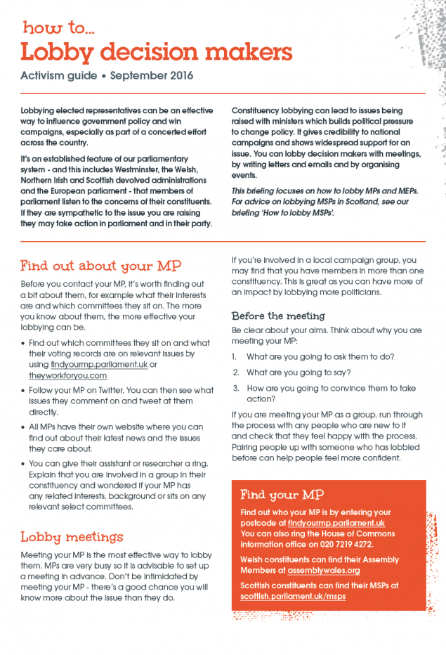Screen shot of first page of How to Lobby your MP pamphlet