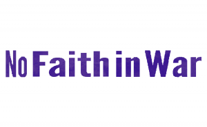 Purple text reading 'No Faith in War' on a white background.
