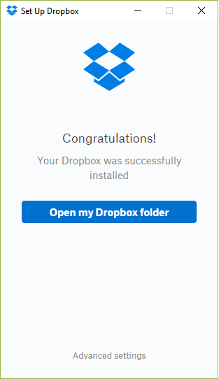 Screenshot of the Dropbox installation success message