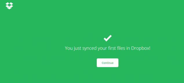 Screenshot of Dropbox success screen