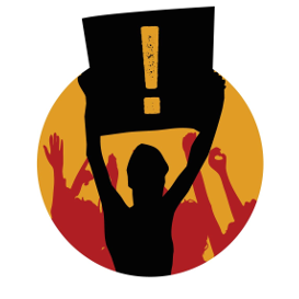 Outline of a crowd and a person holding a sign with an exclamation point on it