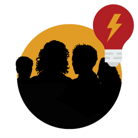 Icon of outlines of people and a lightbulb with a lightning bolt on it
