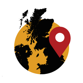 Icon of a map of the United Kingdom with a location marker on it