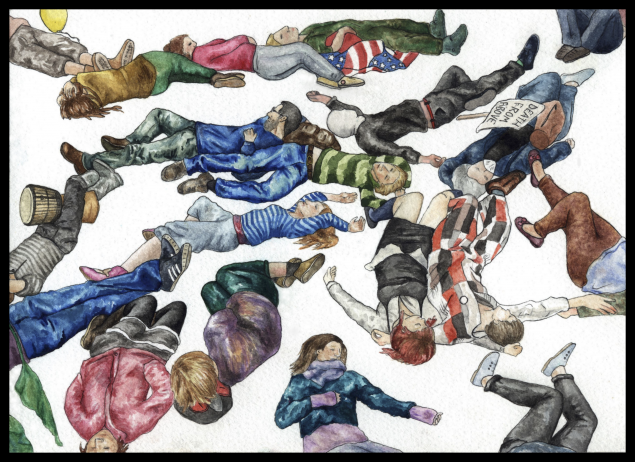 watercolour of 'die-in' at arms fair protest