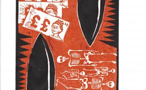 Red, bakc and white screenprint with bullet, pound notes and skeletons and text 'we are making a killing'
